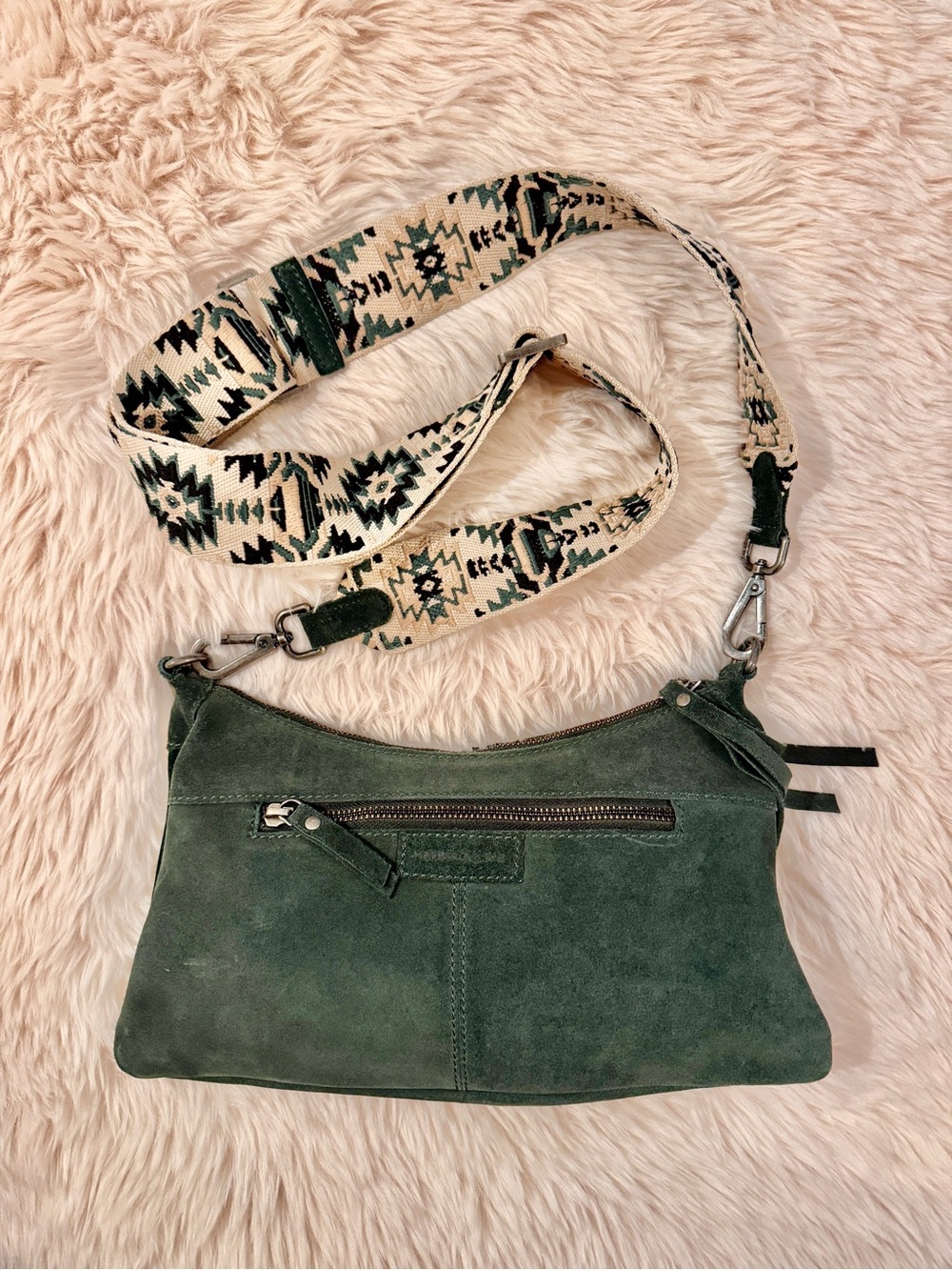 Harbour 2ND Women’s Dark Green Suede Crossbody Bag with Patterned Strap